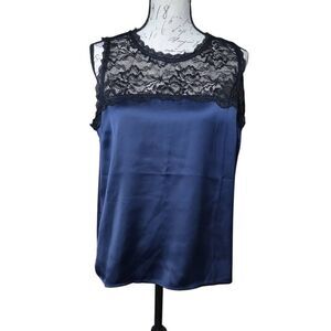 The Commons Women's Size Large Navy Satin Black Lace Yoke Sleeveless Blouse